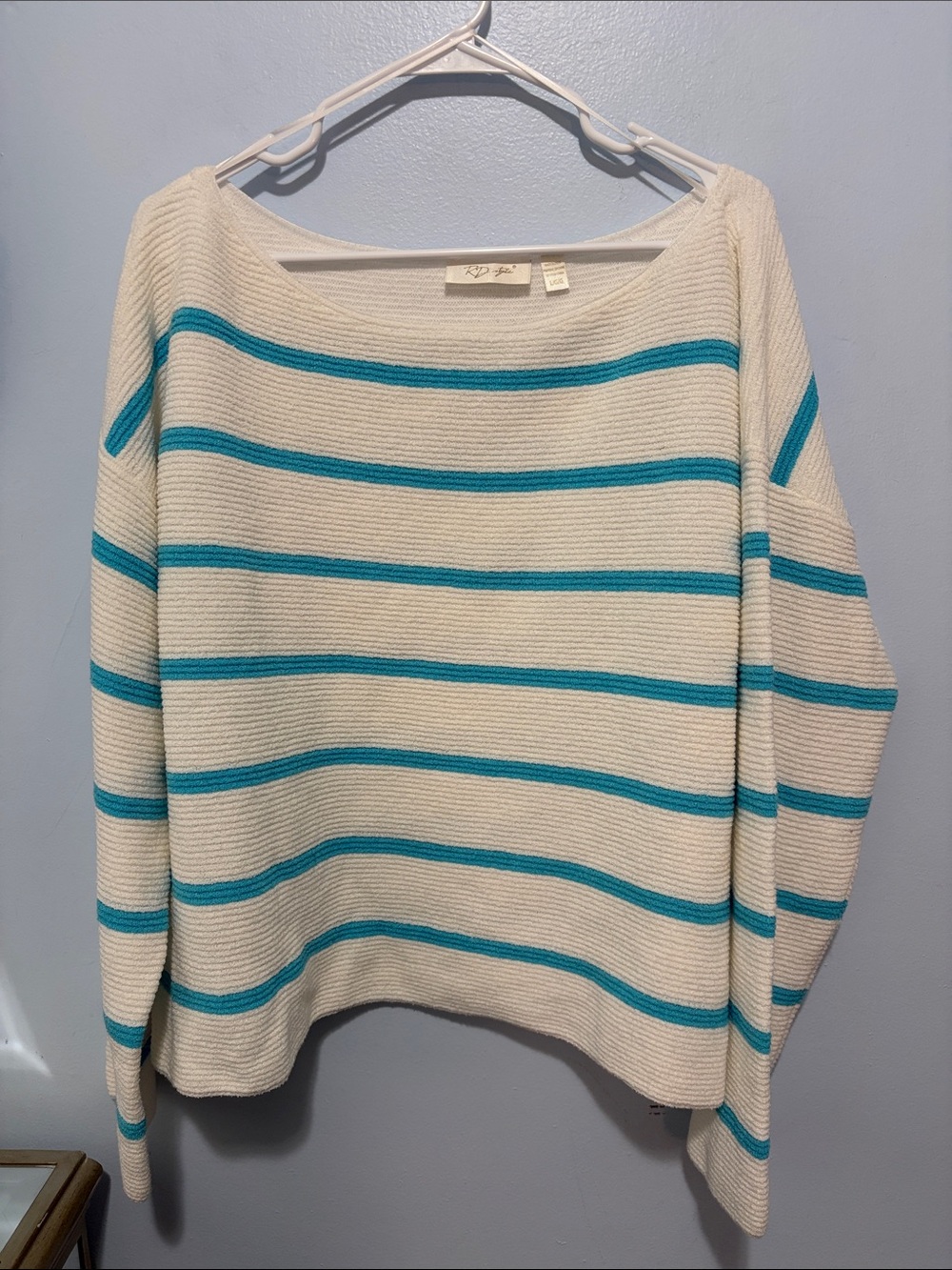 RD Style Cream Sweater with Teal Stripes